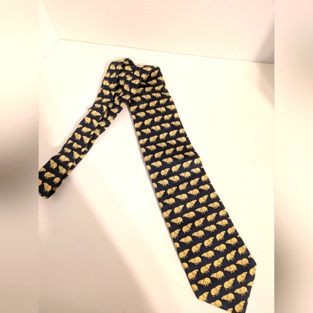 Edgar Pomeroy Navy‎ and Yellow 100% Silk Handmade in England Hippo Motif Tie